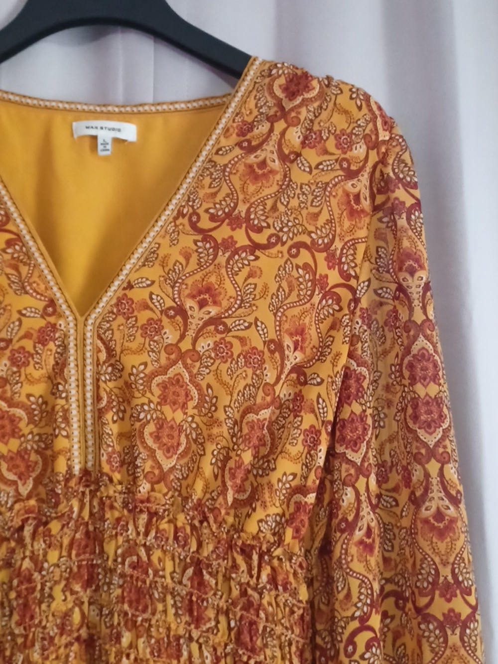 Max Studio Smocked Waist Mini Dress Balloon Sleeves V-Neck Mustard Boho Size L - Picture 5 of 15